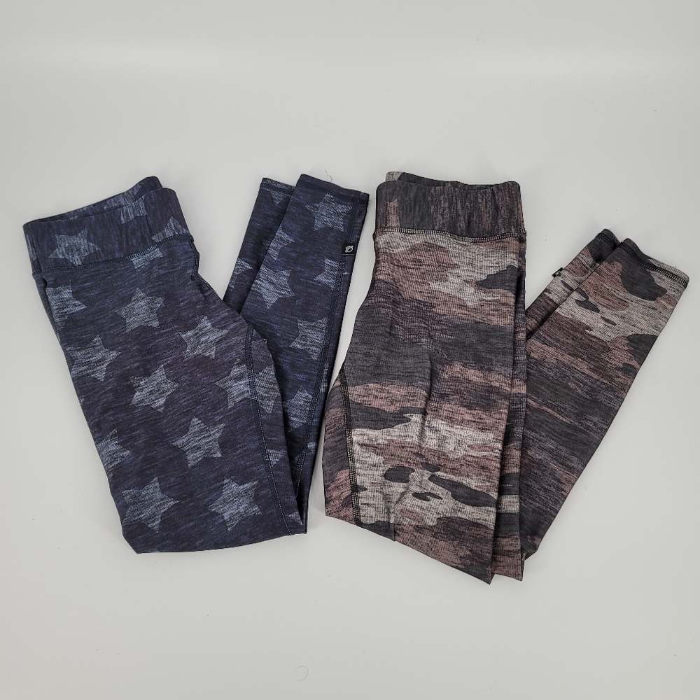 Terez Lot of 2 Printed Tall Band Leggings Pink Camouflage Blue Star Print Size L